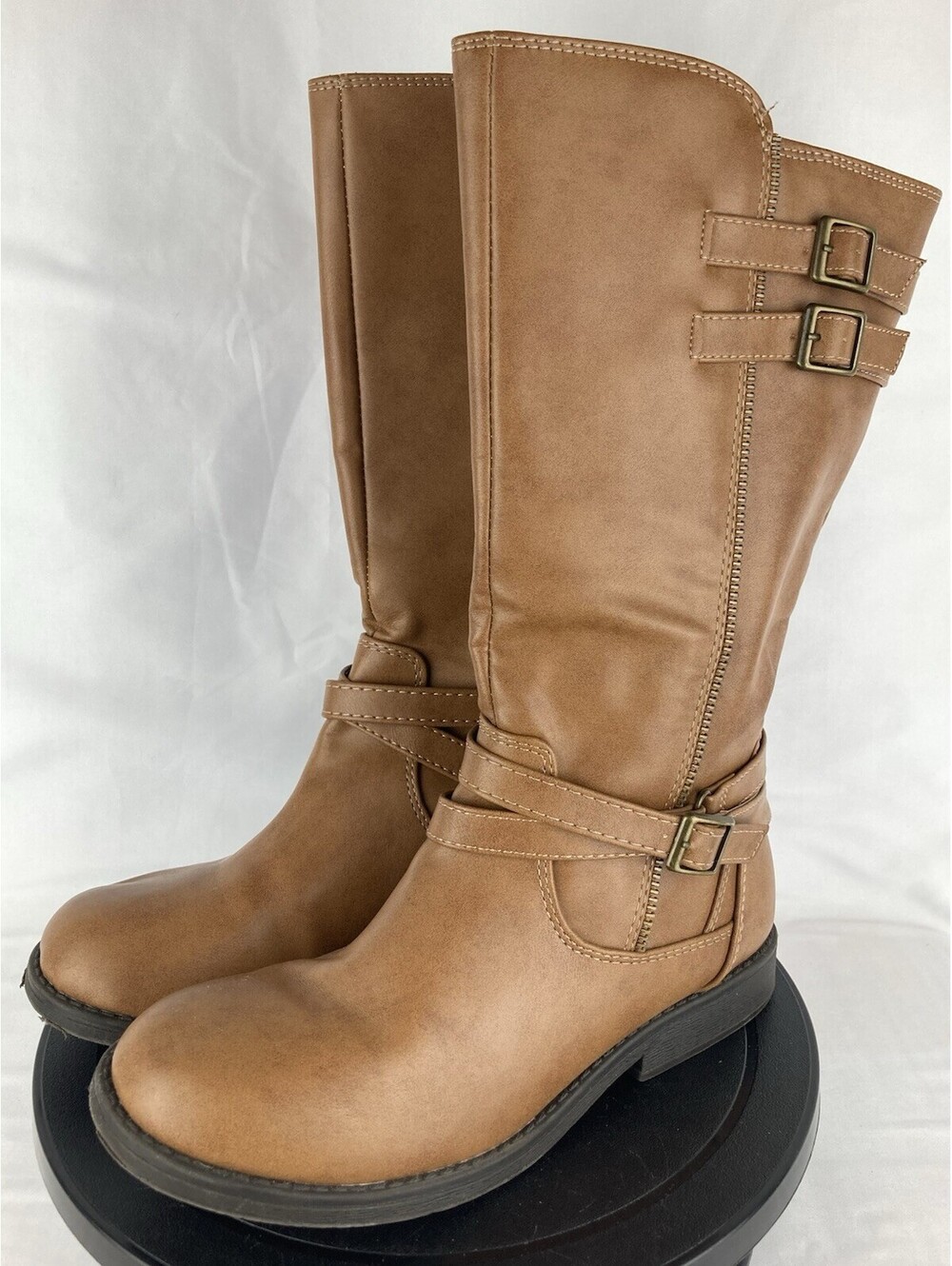 Women's Size 5 Dream Pairs Tan Brown Mid Calf Riding Boots Straps Buckles Zip